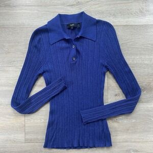 Theory Ribbed Polo Sweater Womens Small Blue Long Sleeve Knit Top Raglan